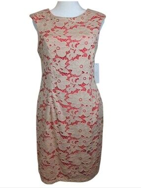 Signature By Robbie Bee Lace Overlay Sleeveless Dress Ivory Coral Pink Size 8